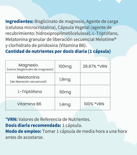 Melotime® (Melatonina Liberación Prolongada)+ Magnesio+ Triptófano+ B6. OFM® 90 cápsulas