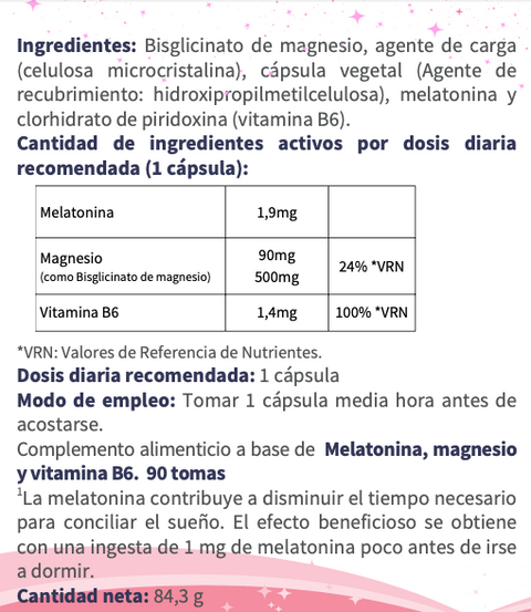 Melatonina + Magnesio + Vitamina B6. 90 cápsulas